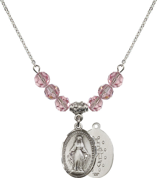 Sterling Silver Miraculous Birthstone Necklace with Light Rose Beads - 0015