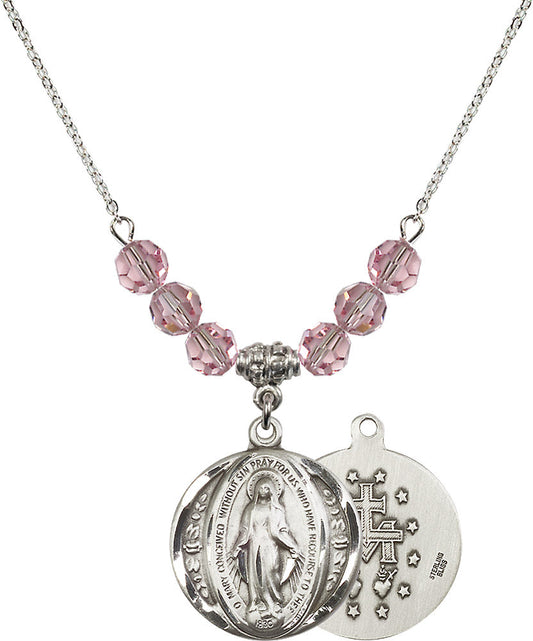 Sterling Silver Miraculous Birthstone Necklace with Light Rose Beads - 0017
