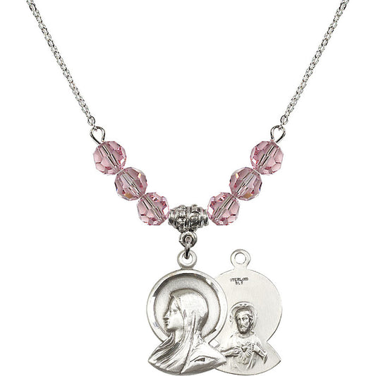 Sterling Silver Madonna Birthstone Necklace with Light Rose Beads - 0020
