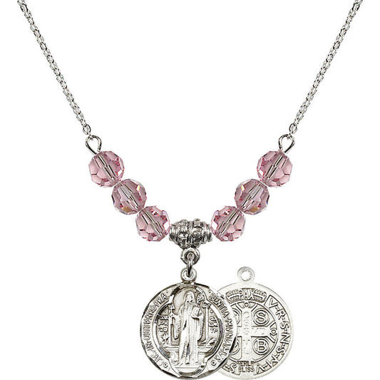 Sterling Silver Saint Benedict Birthstone Necklace with Light Rose Beads - 0026