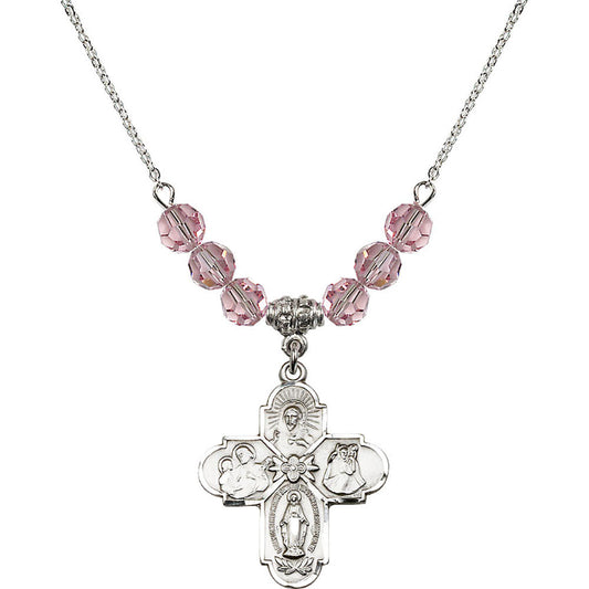 Sterling Silver 4-Way Birthstone Necklace with Light Rose Beads - 0043