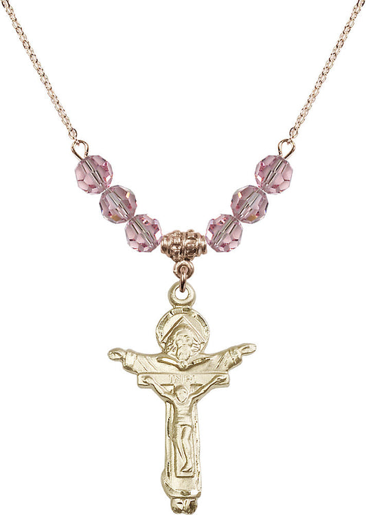 14kt Gold Filled Trinity Crucifix Birthstone Necklace with Light Rose Beads - 0065