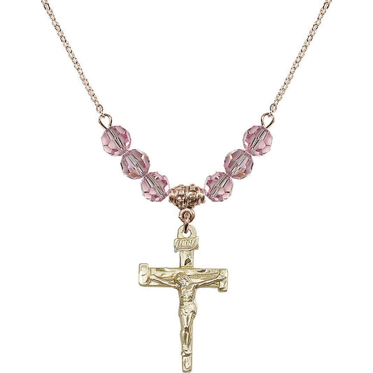 14kt Gold Filled Nail Crucifix Birthstone Necklace with Light Rose Beads - 0073