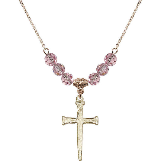 14kt Gold Filled Nail Cross Birthstone Necklace with Light Rose Beads - 0085