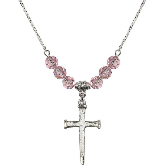 Sterling Silver Nail Cross Birthstone Necklace with Light Rose Beads - 0085