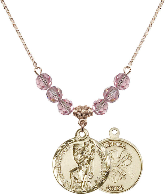 14kt Gold Filled Saint Christopher / Nat'l Guard Birthstone Necklace with Light Rose Beads - 0192