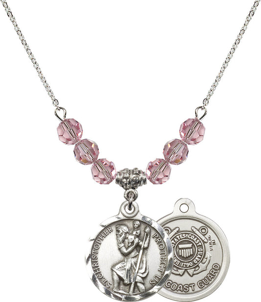 Sterling Silver Saint Christopher / Coast Guard Birthstone Necklace with Light Rose Beads - 0192