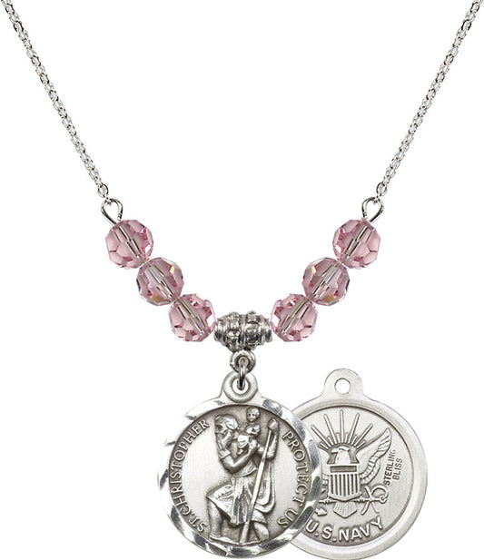 Sterling Silver Saint Christopher / Navy Birthstone Necklace with Light Rose Beads - 0192