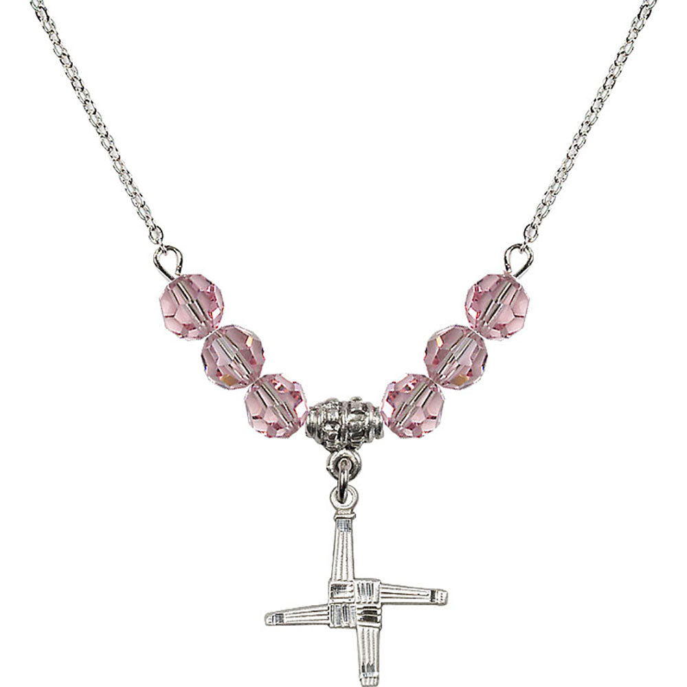 Sterling Silver Saint Brigid Cross Birthstone Necklace with Light Rose Beads - 0290