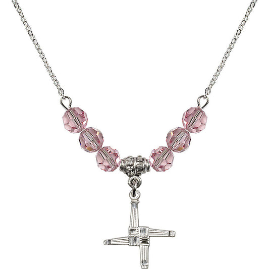 Sterling Silver Saint Brigid Cross Birthstone Necklace with Light Rose Beads - 0290