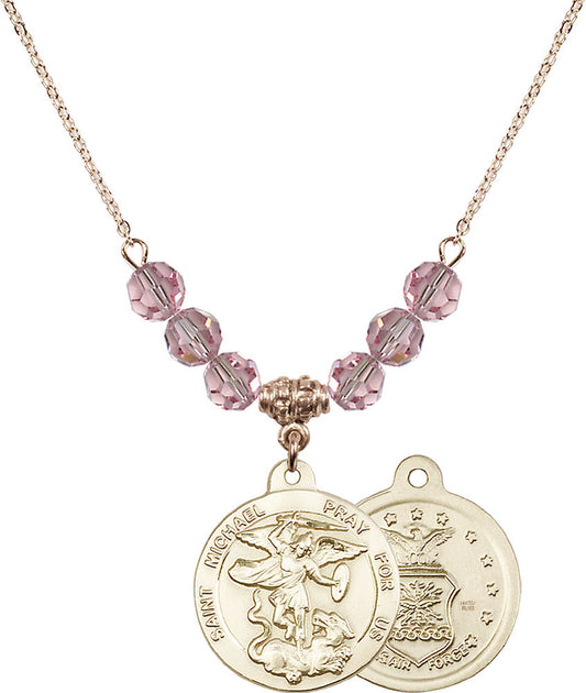 14kt Gold Filled Saint Michael / Air Force Birthstone Necklace with Light Rose Beads - 0342