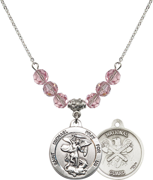 Sterling Silver Saint Michael / Nat'l Guard Birthstone Necklace with Light Rose Beads - 0342