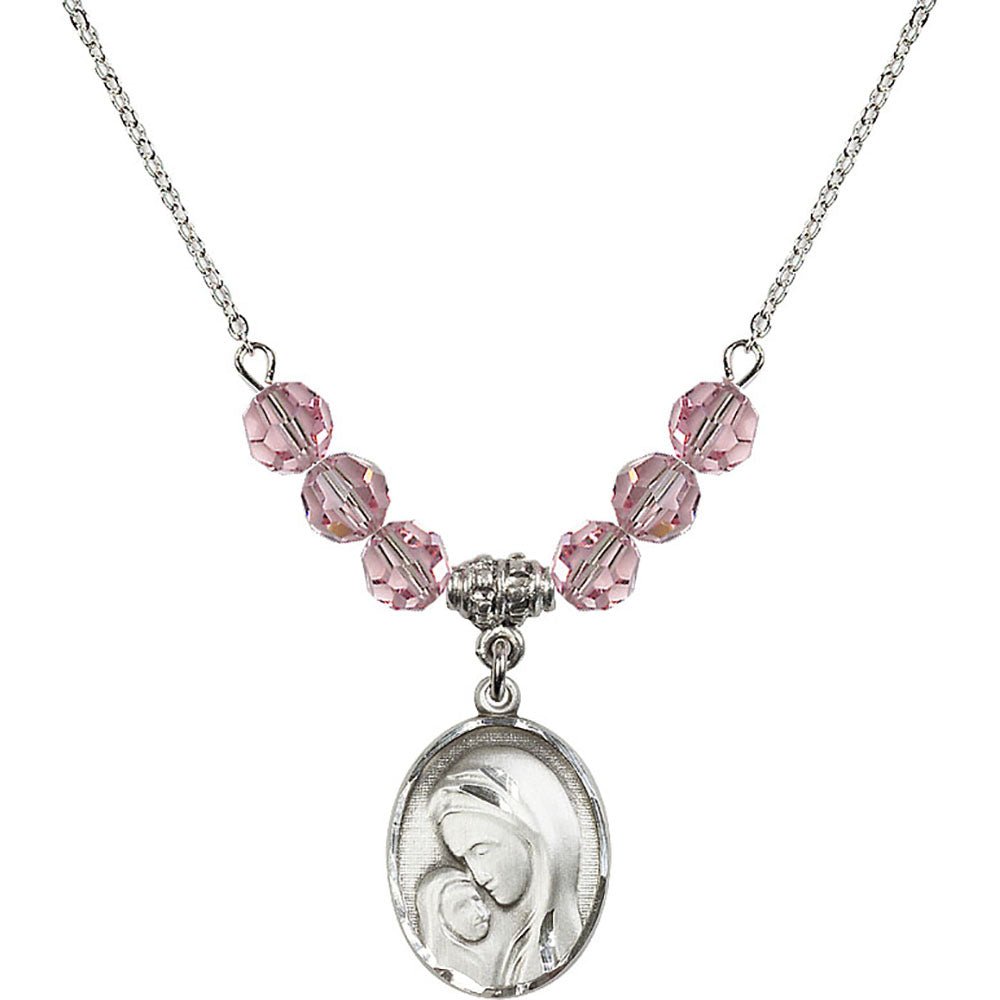Sterling Silver Madonna & Child Birthstone Necklace with Light Rose Beads - 0447