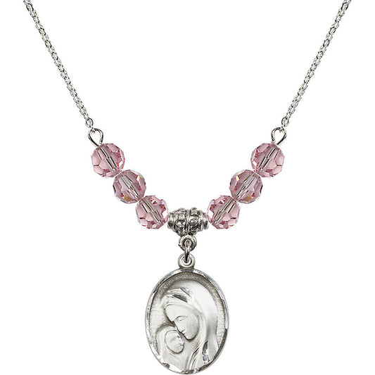 Sterling Silver Madonna & Child Birthstone Necklace with Light Rose Beads - 0447