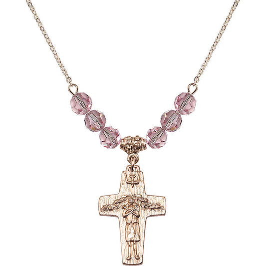 14kt Gold Filled Papal Crucifix Birthstone Necklace with Light Rose Beads - 0569