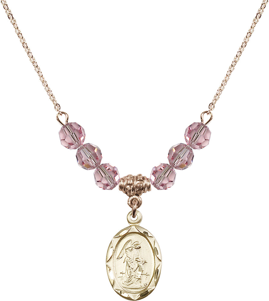 14kt Gold Filled Guardian Angel Birthstone Necklace with Light Rose Beads - 0612