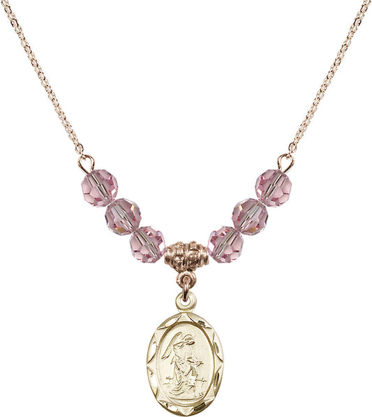 14kt Gold Filled Guardian Angel Birthstone Necklace with Light Rose Beads - 0612