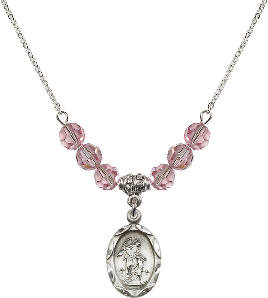Sterling Silver Guardian Angel Birthstone Necklace with Light Rose Beads - 0612