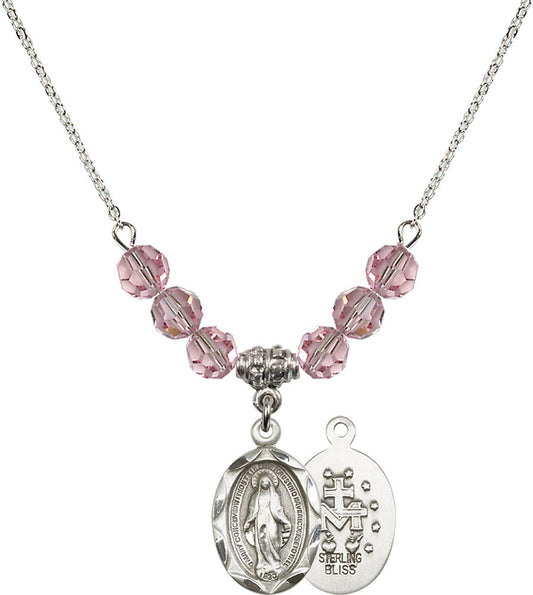 Sterling Silver Miraculous Birthstone Necklace with Light Rose Beads - 0612