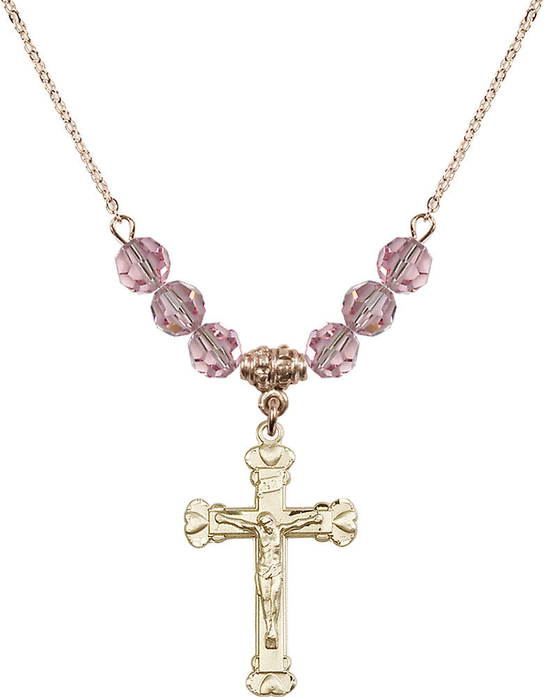 14kt Gold Filled Crucifix Birthstone Necklace with Light Rose Beads - 0620