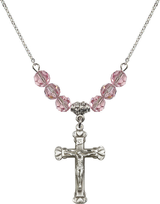 Sterling Silver Crucifix Birthstone Necklace with Light Rose Beads - 0620