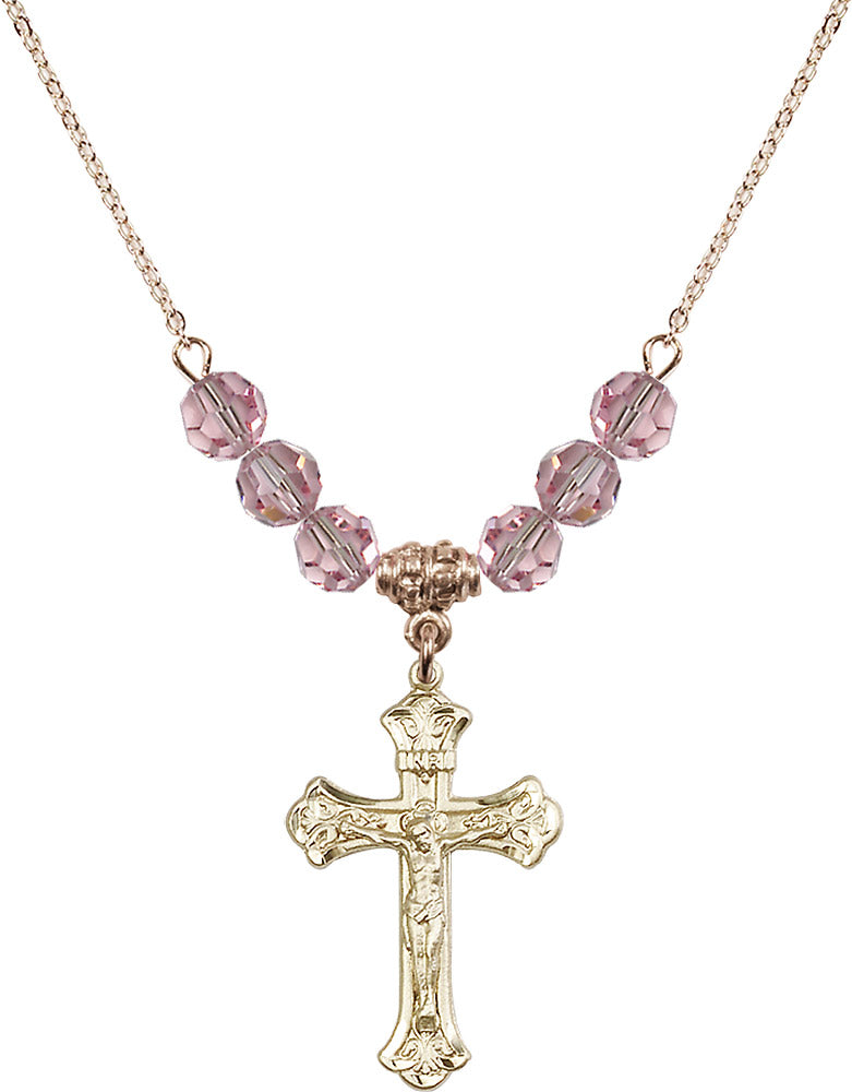 14kt Gold Filled Crucifix Birthstone Necklace with Light Rose Beads - 0622