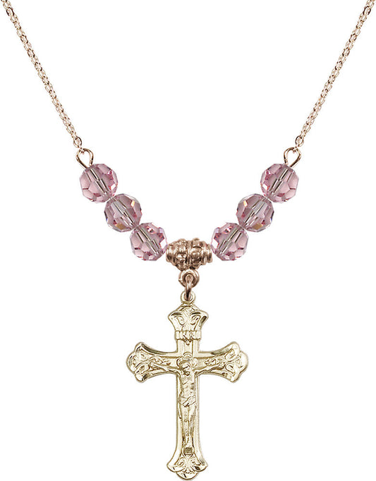 14kt Gold Filled Crucifix Birthstone Necklace with Light Rose Beads - 0622