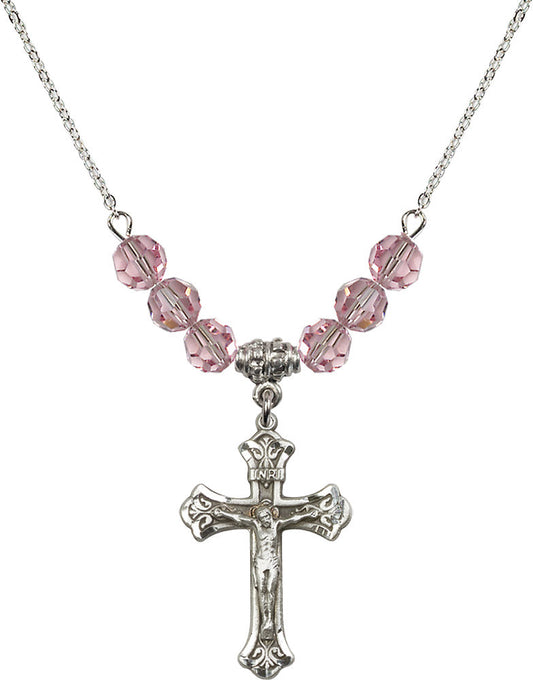 Sterling Silver Crucifix Birthstone Necklace with Light Rose Beads - 0622
