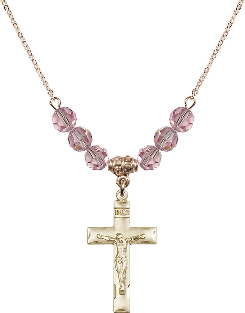 14kt Gold Filled Crucifix Birthstone Necklace with Light Rose Beads - 0624