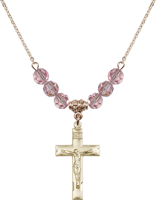 14kt Gold Filled Crucifix Birthstone Necklace with Light Rose Beads - 0624