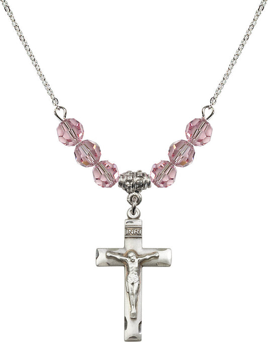 Sterling Silver Crucifix Birthstone Necklace with Light Rose Beads - 0624