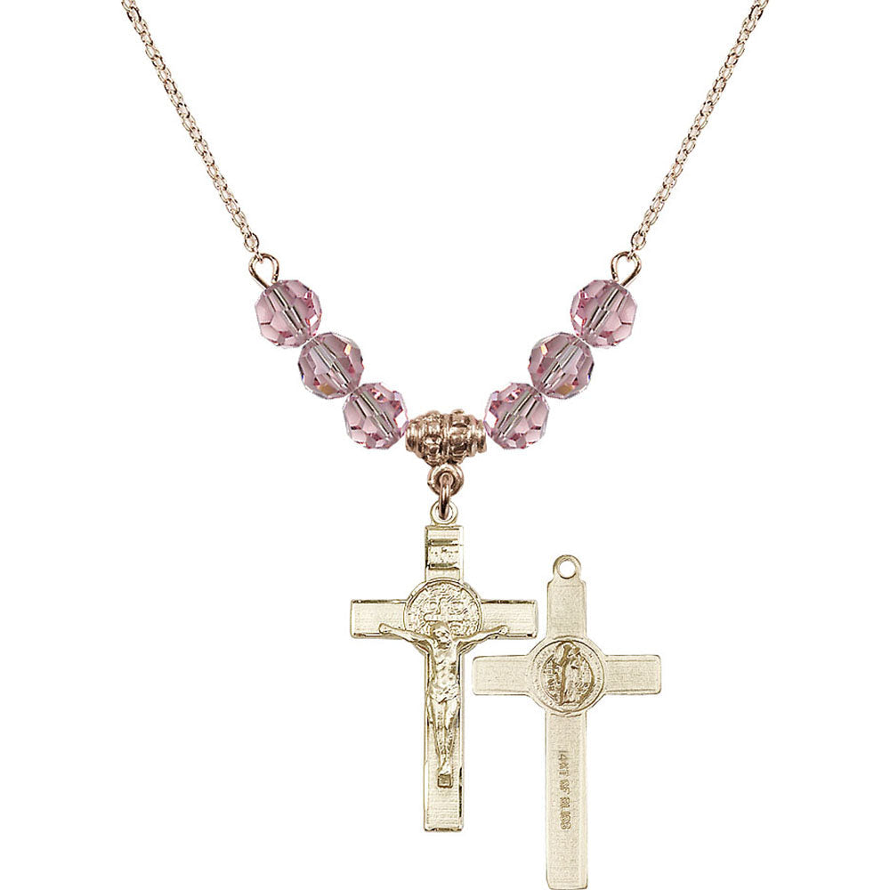 14kt Gold Filled Saint Benedict Crucifix Birthstone Necklace with Light Rose Beads - 0625