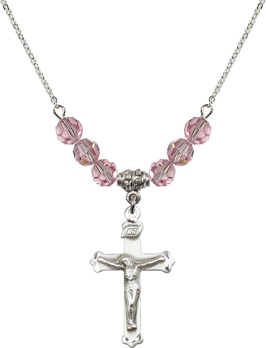 Sterling Silver Crucifix Birthstone Necklace with Light Rose Beads - 0651