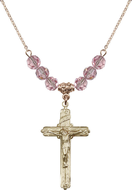 14kt Gold Filled Crucifix Birthstone Necklace with Light Rose Beads - 0655