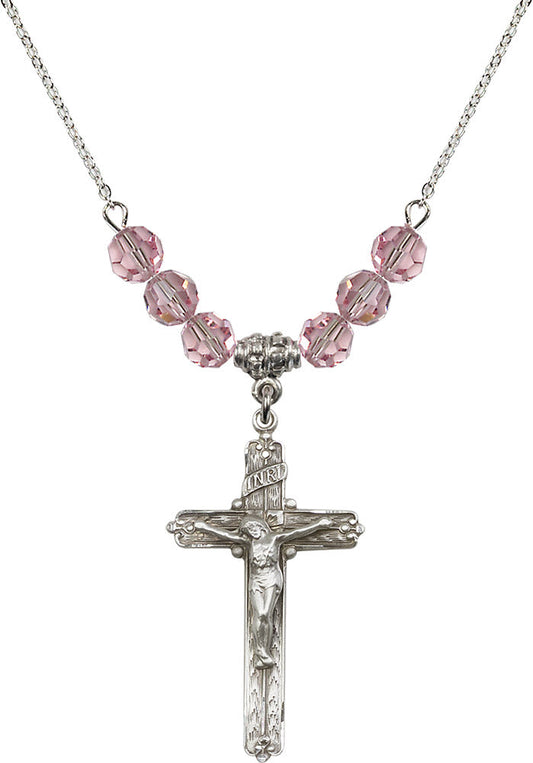 Sterling Silver Crucifix Birthstone Necklace with Light Rose Beads - 0655