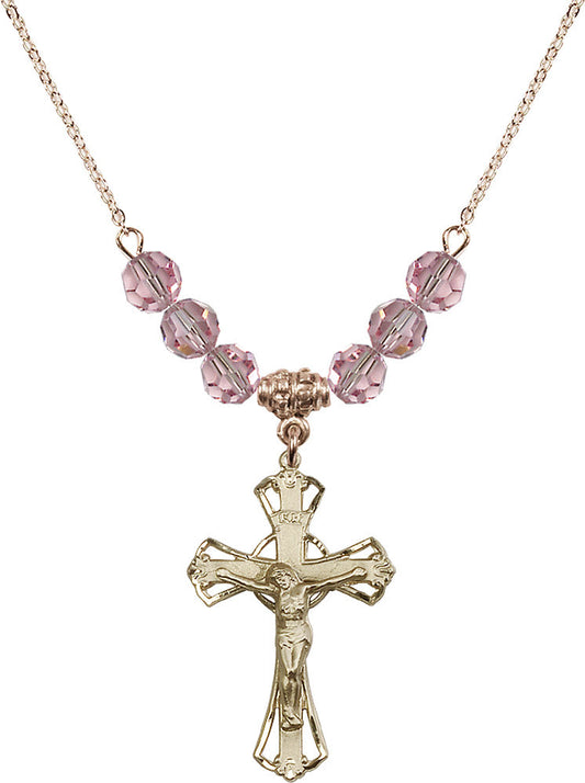 14kt Gold Filled Crucifix Birthstone Necklace with Light Rose Beads - 0659