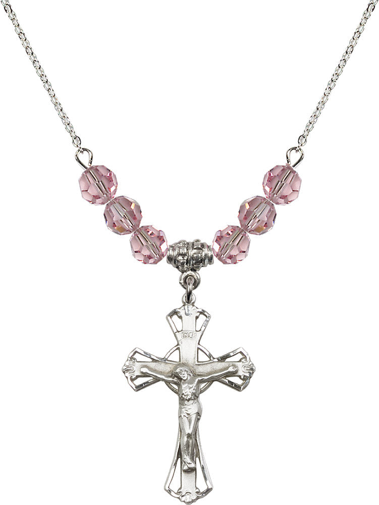 Sterling Silver Crucifix Birthstone Necklace with Light Rose Beads - 0659