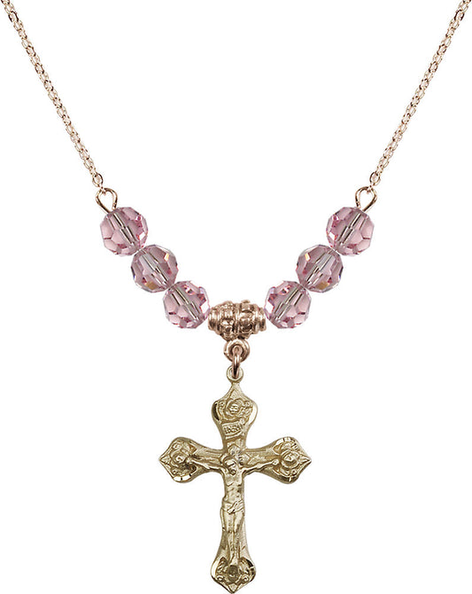 14kt Gold Filled Crucifix Birthstone Necklace with Light Rose Beads - 0662