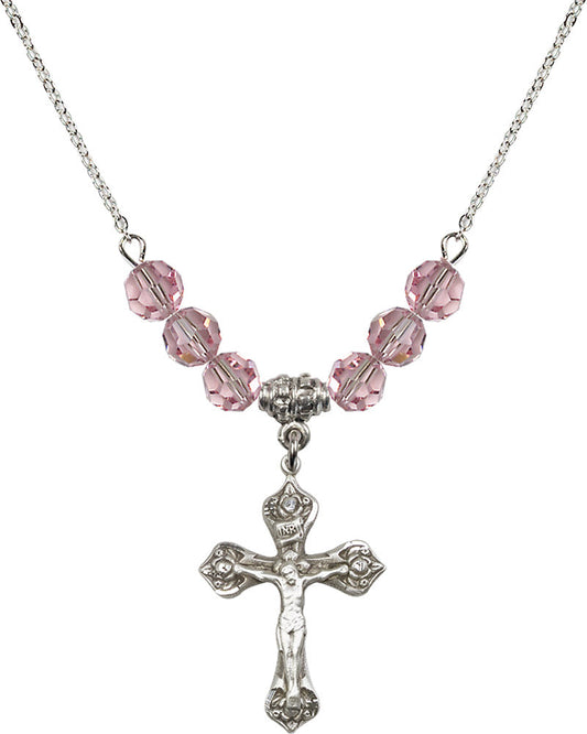 Sterling Silver Crucifix Birthstone Necklace with Light Rose Beads - 0662