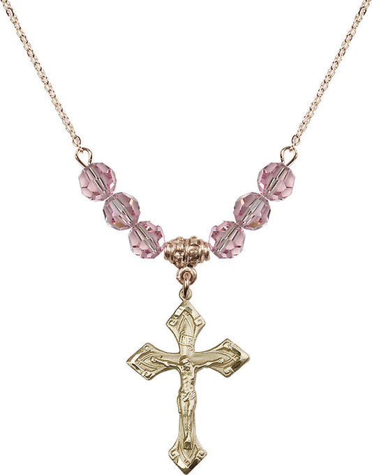 14kt Gold Filled Crucifix Birthstone Necklace with Light Rose Beads - 0663