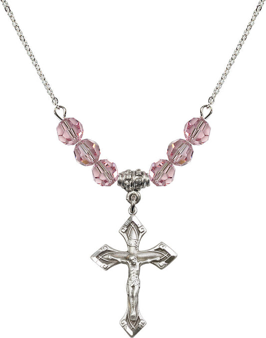Sterling Silver Crucifix Birthstone Necklace with Light Rose Beads - 0663