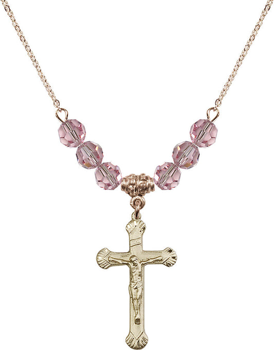 14kt Gold Filled Crucifix Birthstone Necklace with Light Rose Beads - 0664