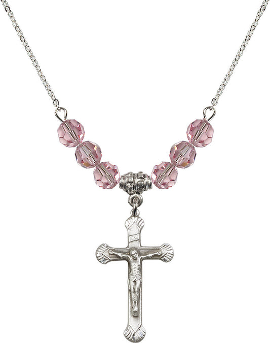 Sterling Silver Crucifix Birthstone Necklace with Light Rose Beads - 0664