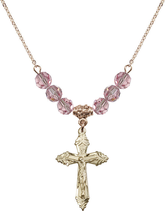 14kt Gold Filled Crucifix Birthstone Necklace with Light Rose Beads - 0665