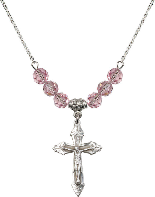 Sterling Silver Crucifix Birthstone Necklace with Light Rose Beads - 0665