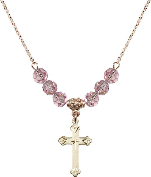 14kt Gold Filled Cross Birthstone Necklace with Light Rose Beads - 0667