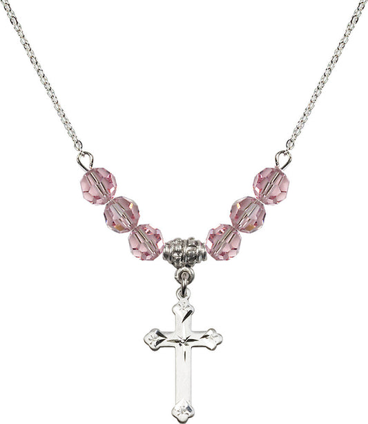 Sterling Silver Cross Birthstone Necklace with Light Rose Beads - 0667