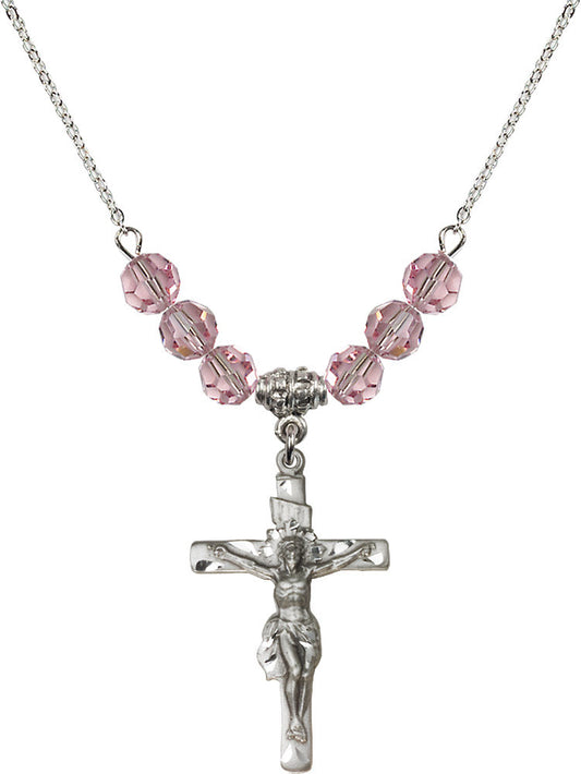 Sterling Silver Crucifix Birthstone Necklace with Light Rose Beads - 0668