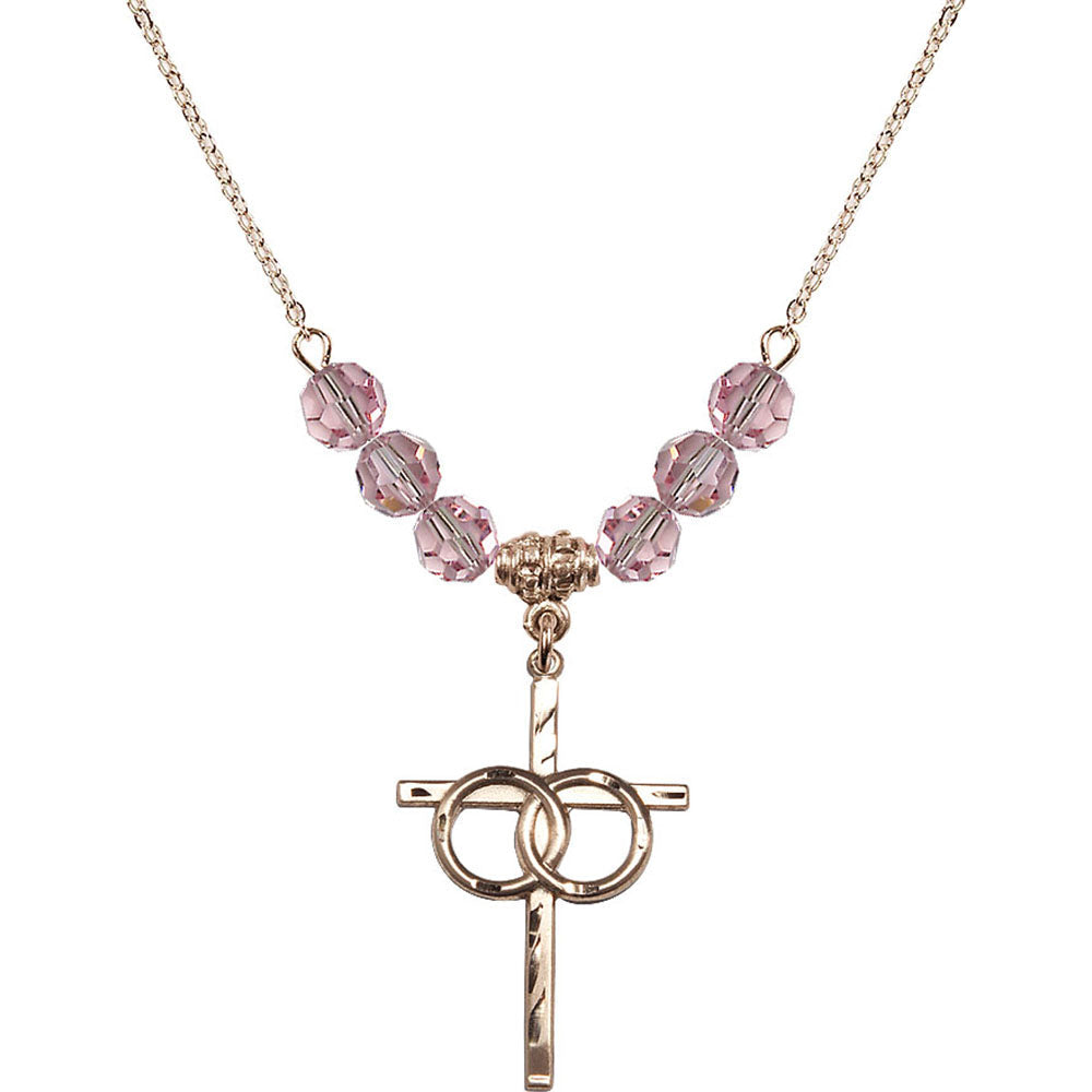 14kt Gold Filled Wedding Rings Cross Birthstone Necklace with Light Rose Beads - 0671
