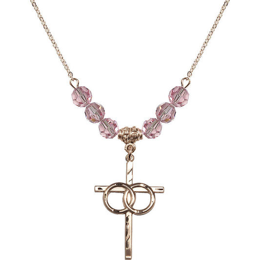 14kt Gold Filled Wedding Rings Cross Birthstone Necklace with Light Rose Beads - 0671